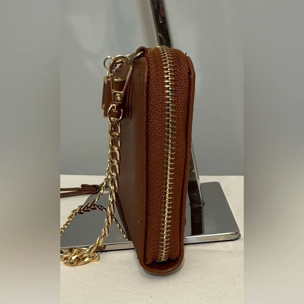 Brown Bow-Accent Wristlet Wallet Small Purse with Gold Chain